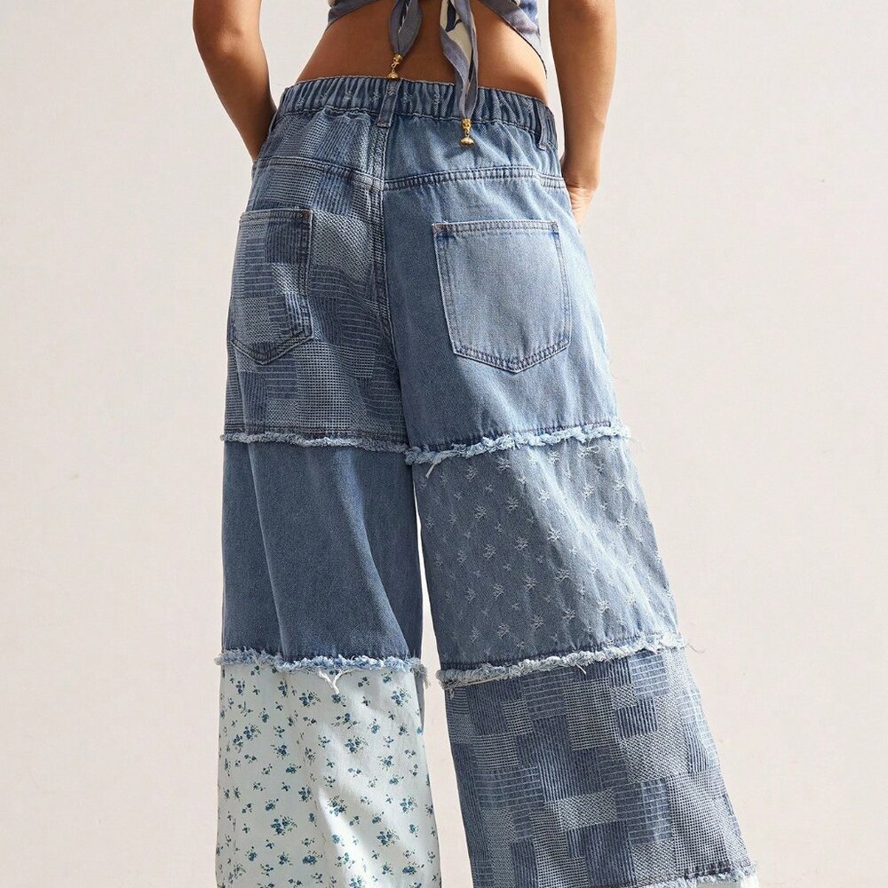Blue Boho Casual Women's Loose Patchwork Wide Leg Jeans - Picture 2 of 7